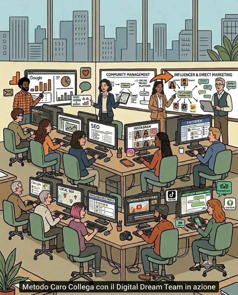 Il Metodo Caro Collega in azione: il Digital Dream Team al lavoro sulle 15 leve digitali — SEO, social, Google, contenuti foto e video