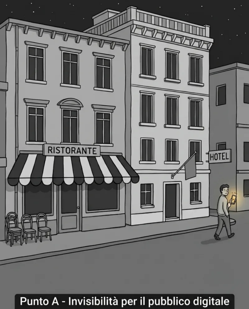 Punto A: ristorante e hotel in bianco e nero con le insegne spente, invisibili al pubblico digitale, strada quasi vuota
