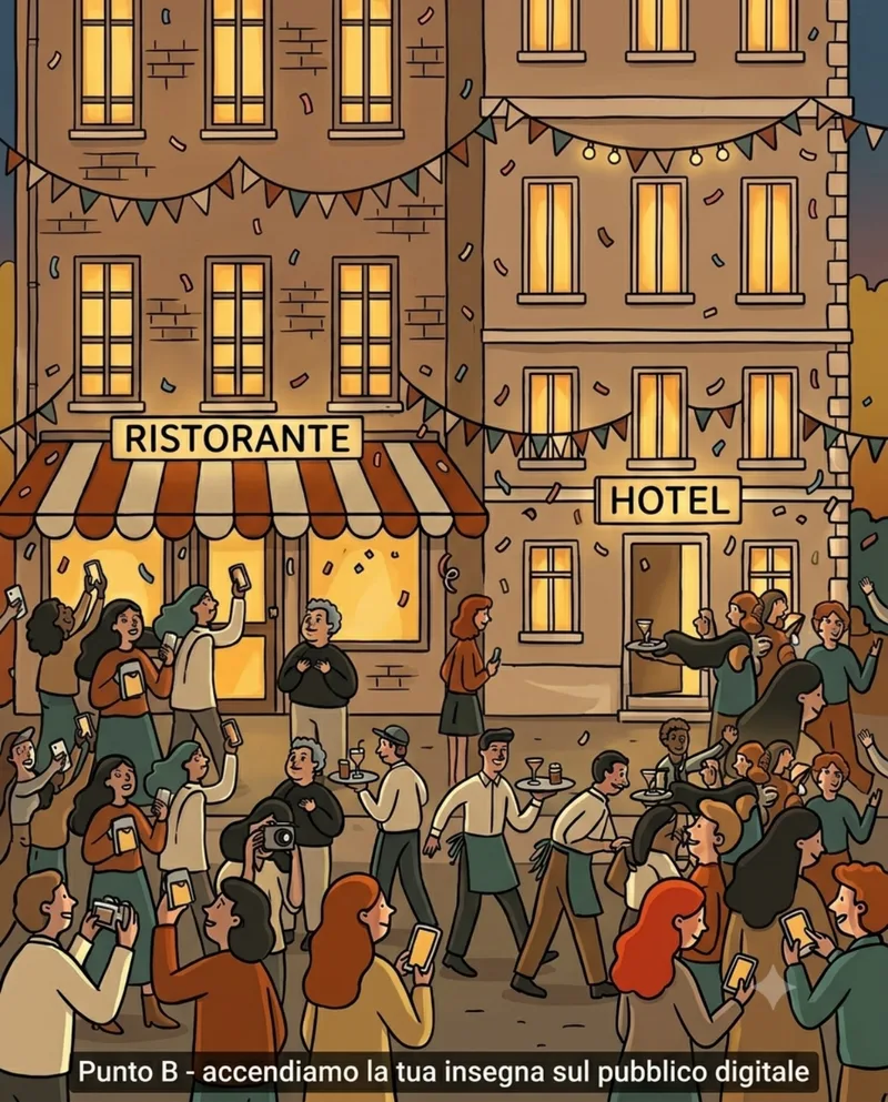 Punto B: lo stesso ristorante e hotel illuminati e pieni di clienti con lo smartphone in mano, insegna digitale accesa